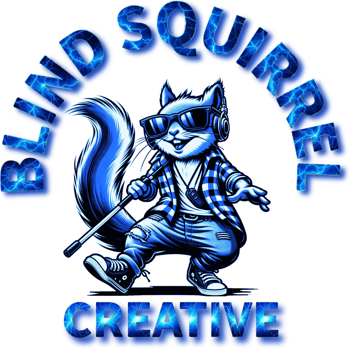 Blind Squirrel Creative logo: a squirrel in sunglasses and headphones, walking with a white cane, under the name in blue lightning lettering.