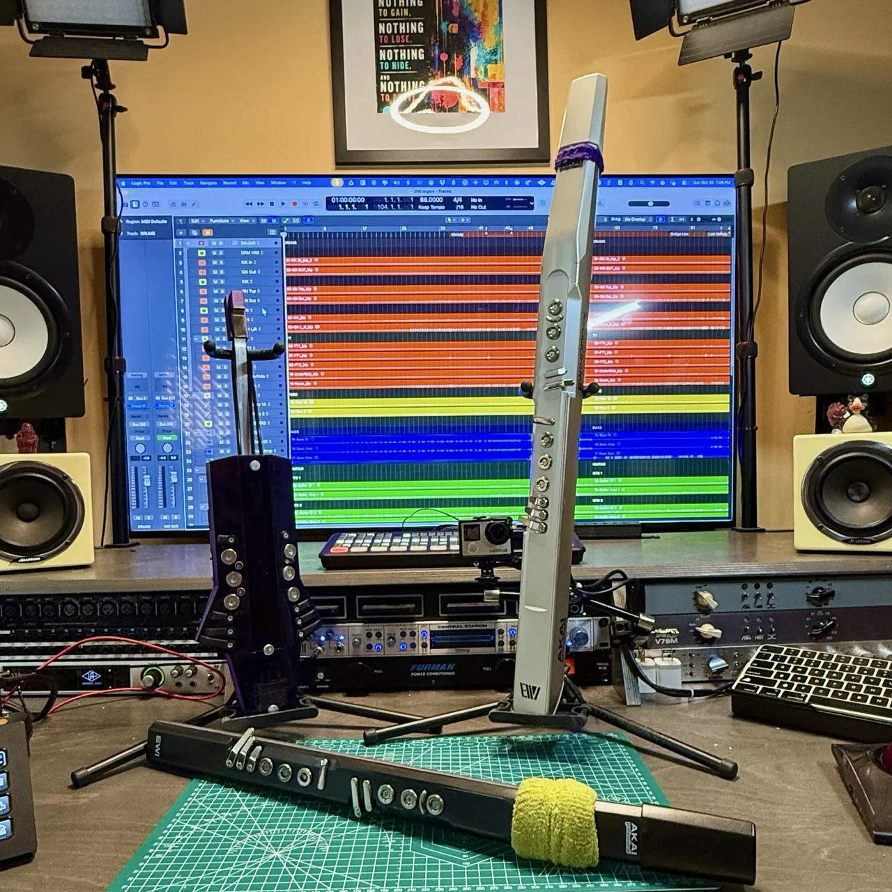 Two EWIs on stands at the desk in front of studio monitors running Logic Pro.