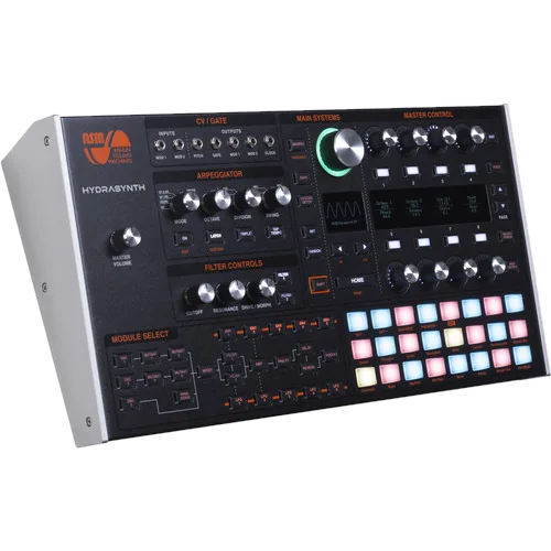 The ASM Hydrasynth desktop synthesizer with its pad grid and module-select matrix.
