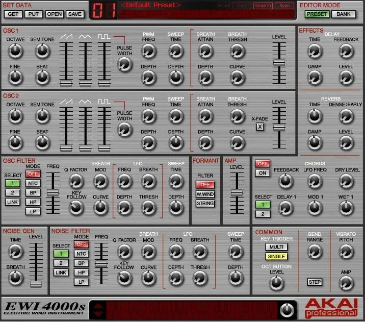 The Akai EWI4000s editor window, showing its two oscillators, filters, effects, formant and common controls.
