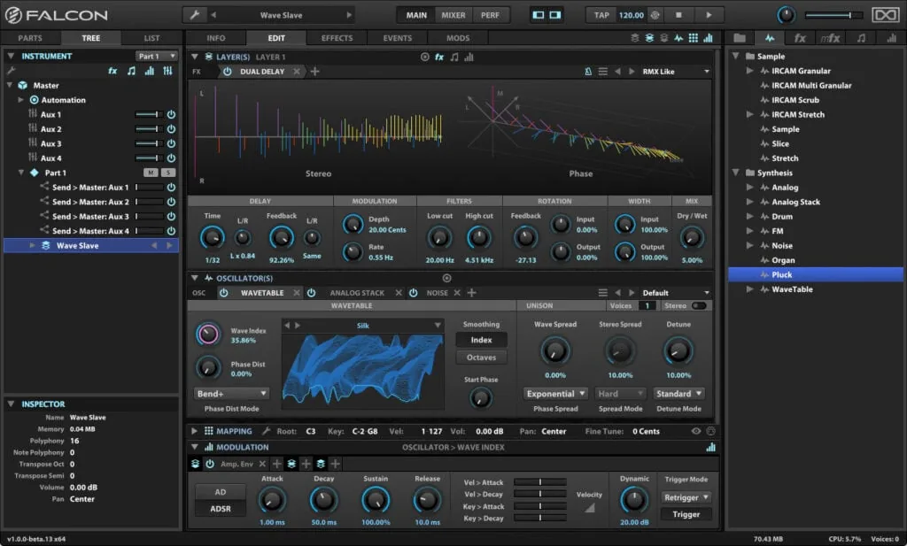 The Falcon software instrument, showing its wavetable oscillator, effects and instrument tree.