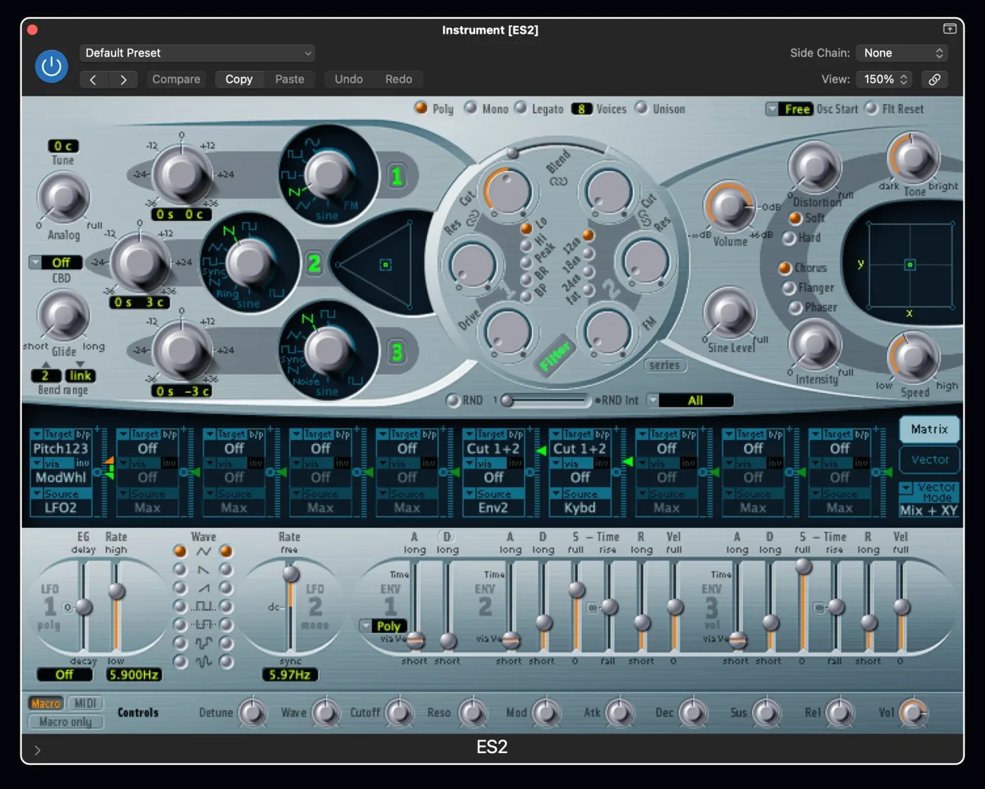 The ES2 synthesizer plug-in window in Logic Pro, showing its oscillators, filter, modulation router, LFOs and envelopes.