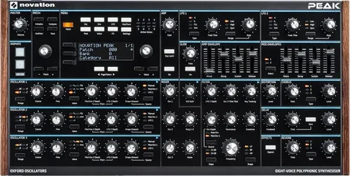 The Novation Peak eight-voice polyphonic synthesiser with wooden end cheeks.
