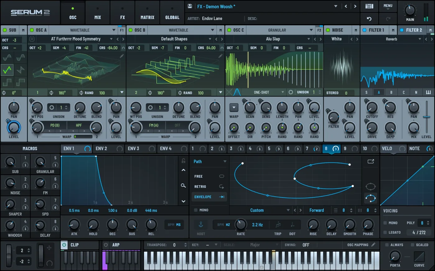 The Serum 2 software synthesizer, showing its oscillators, filters, macros and envelopes.