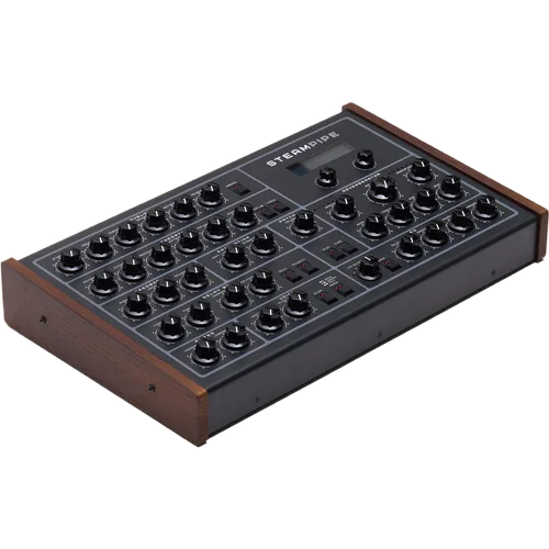 The Steampipe hardware synthesizer with rows of knobs and wooden end cheeks.
